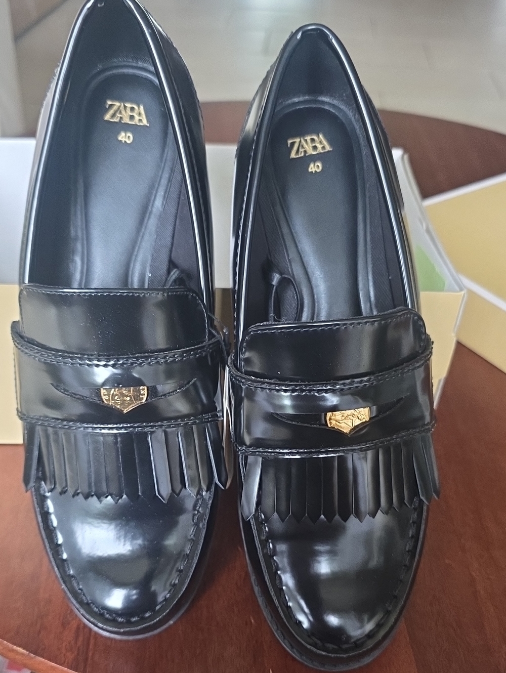 Zara Black Patent Loafers with Gold Crest and Fringe